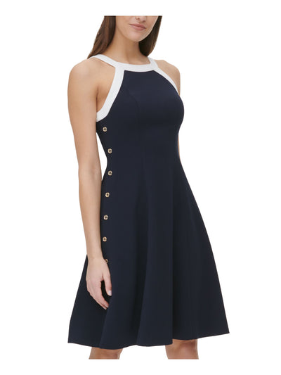 TOMMY HILFIGER Womens Navy Zippered Button Detail Unlined Color Block Sleeveless Halter Above The Knee Fit + Flare Dress Petites 2P