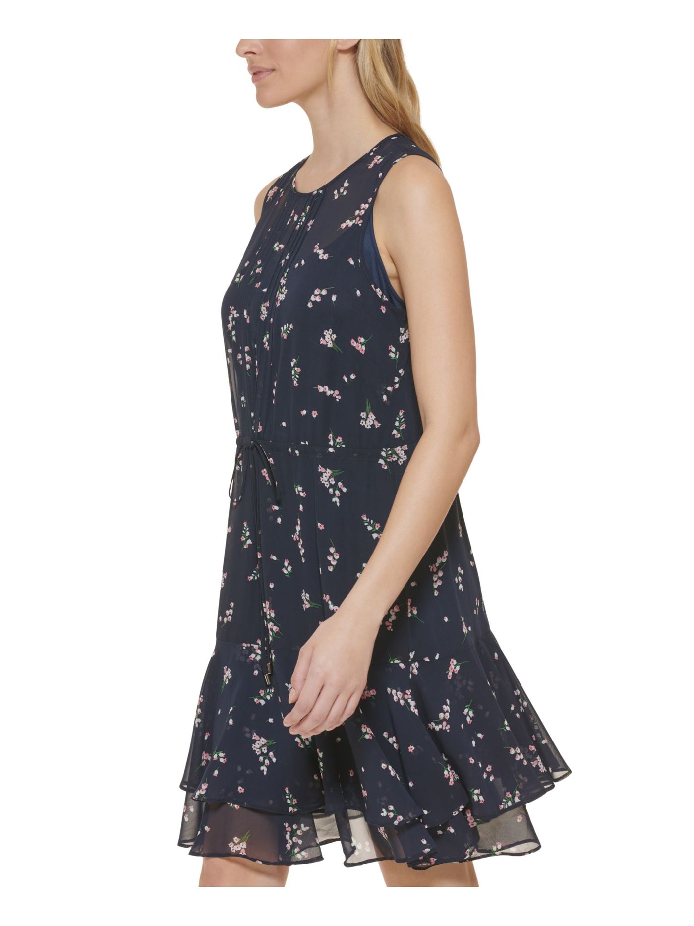 TOMMY HILFIGER Womens Navy Ruffled Lined Keyhole Back Drawstring Waist Floral Sleeveless Crew Neck Above The Knee Fit + Flare Dress Petites 6P