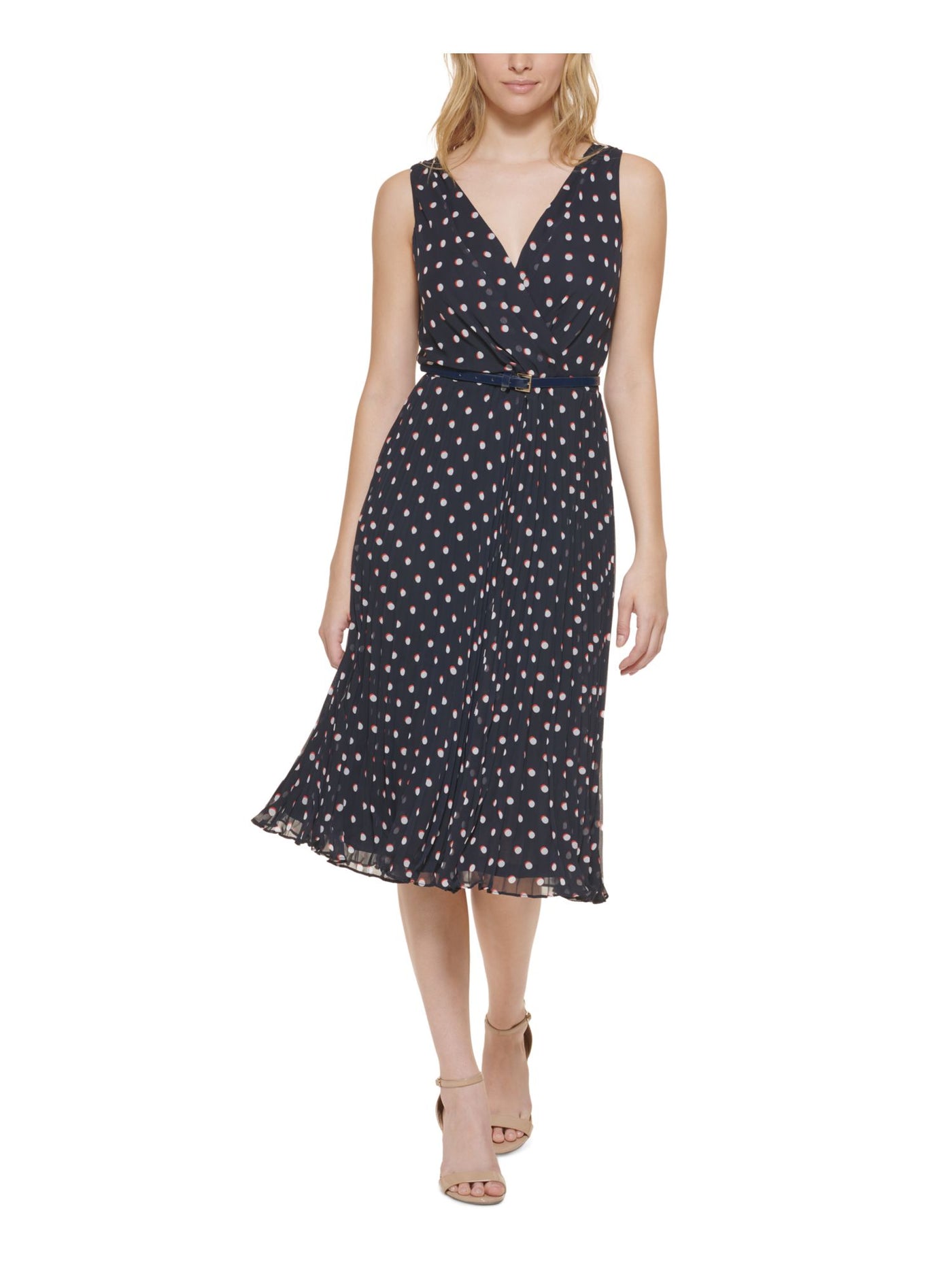 TOMMY HILFIGER Womens Navy Belted Zippered Sheer Lined Pleated Polka Dot Sleeveless Surplice Neckline Below The Knee Fit + Flare Dress Petites 12P