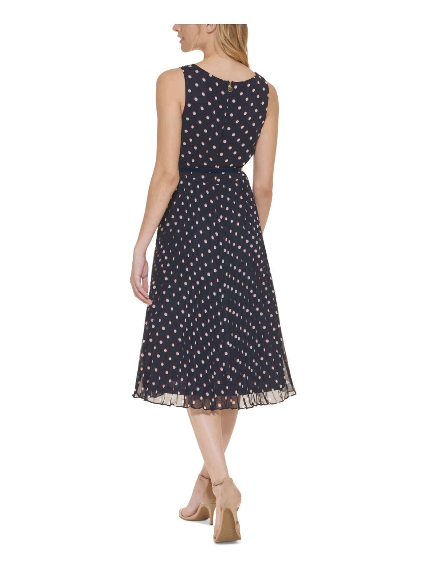 TOMMY HILFIGER Womens Navy Belted Zippered Sheer Lined Pleated Polka Dot Sleeveless Surplice Neckline Below The Knee Fit + Flare Dress Petites 0P
