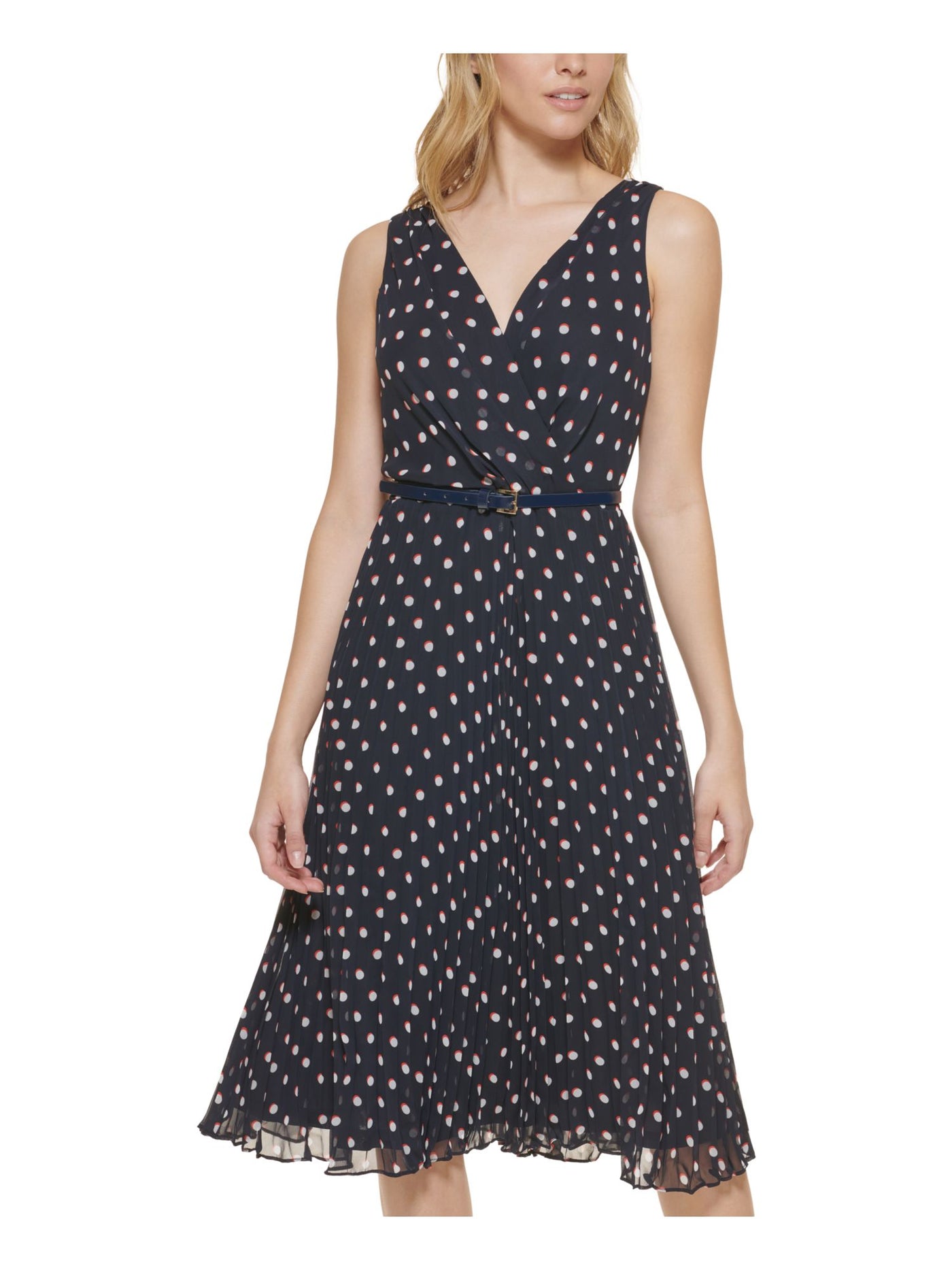 TOMMY HILFIGER Womens Navy Belted Zippered Sheer Lined Pleated Polka Dot Sleeveless Surplice Neckline Below The Knee Fit + Flare Dress Petites 12P