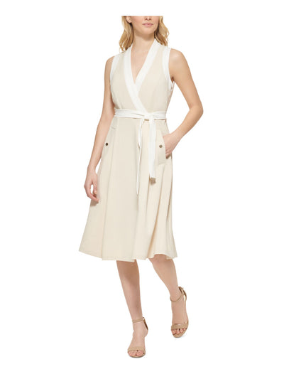 TOMMY HILFIGER Womens Beige Zippered Belted Partially Lined Pocketed Sleeveless Surplice Neckline Below The Knee Fit + Flare Dress 2
