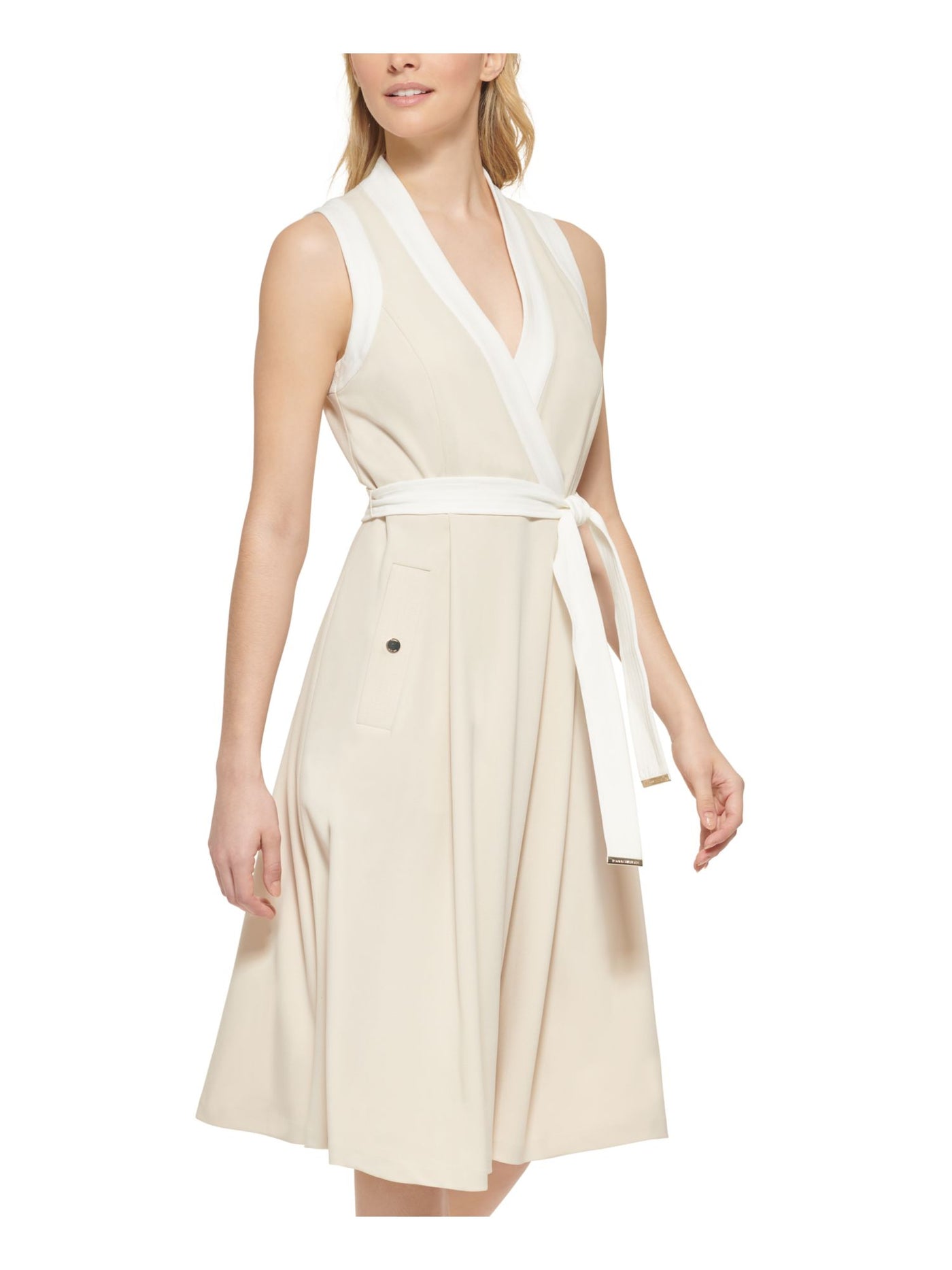TOMMY HILFIGER Womens Beige Zippered Belted Partially Lined Pocketed Sleeveless Surplice Neckline Below The Knee Fit + Flare Dress 2