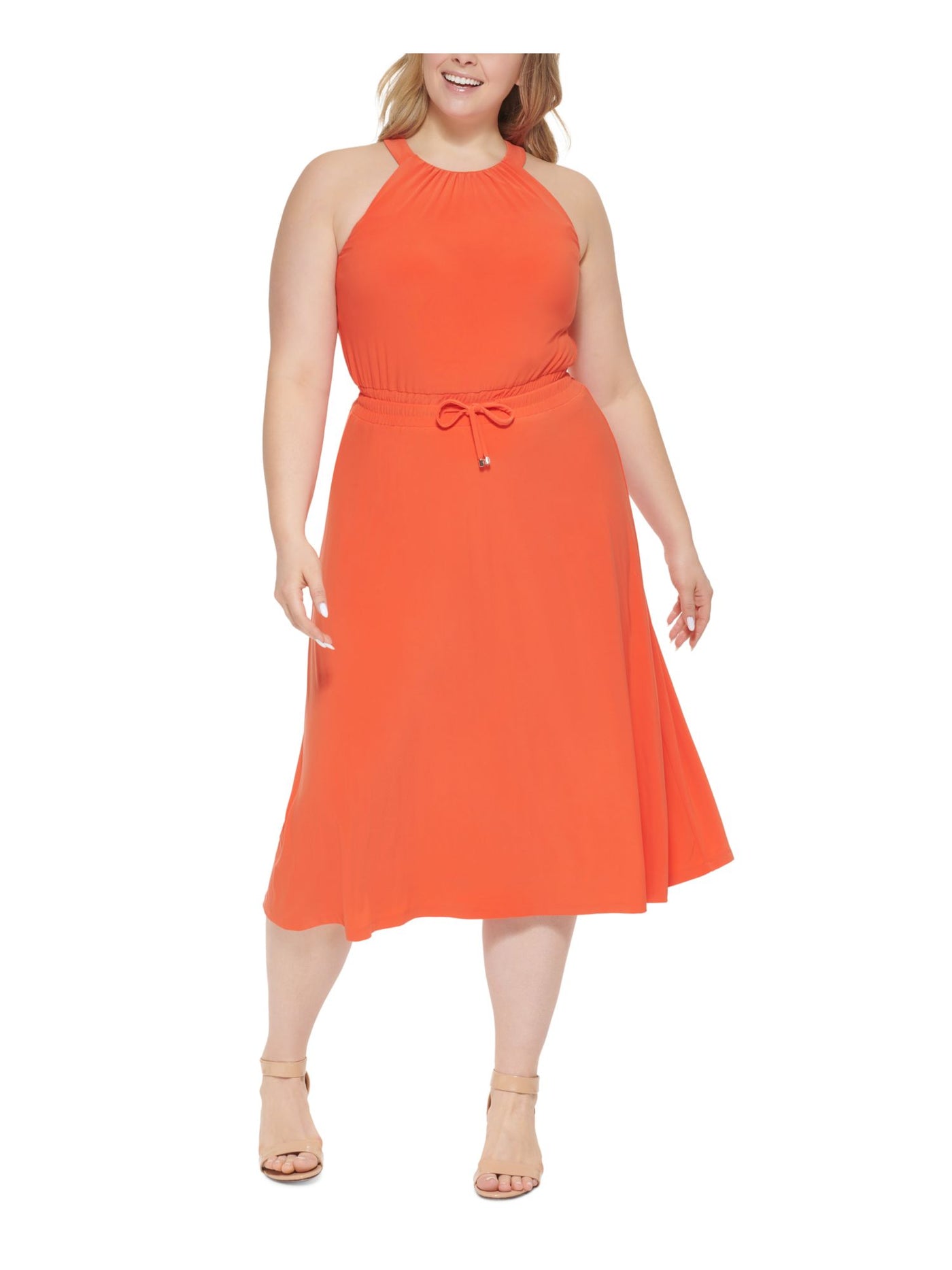 TOMMY HILFIGER Womens Orange Smocked Sheer Drawstring Keyhole Closure Sleeveless Halter Tea-Length Fit + Flare Dress 4