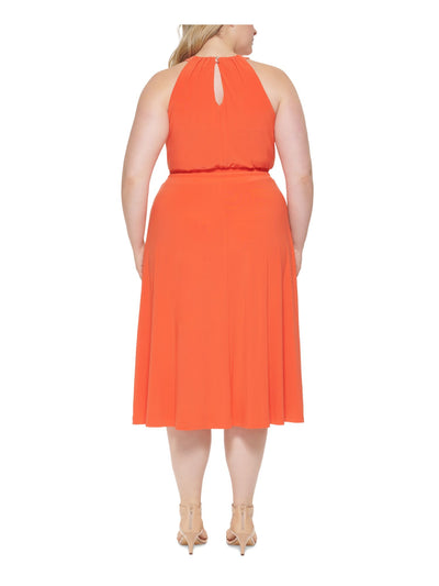 TOMMY HILFIGER Womens Orange Smocked Sheer Drawstring Keyhole Closure Sleeveless Halter Tea-Length Fit + Flare Dress 12