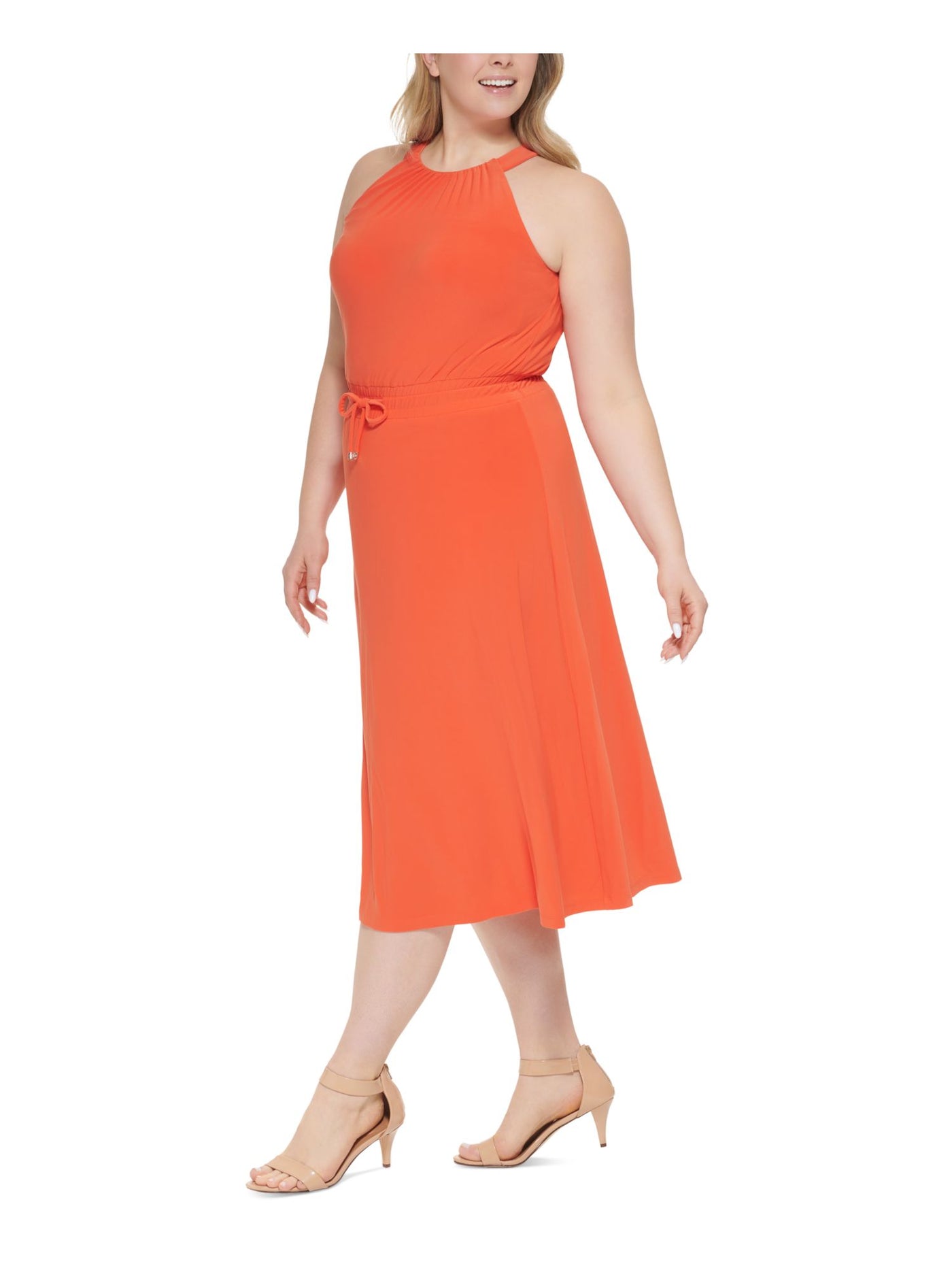 TOMMY HILFIGER Womens Orange Smocked Sheer Drawstring Keyhole Closure Sleeveless Halter Tea-Length Fit + Flare Dress 12