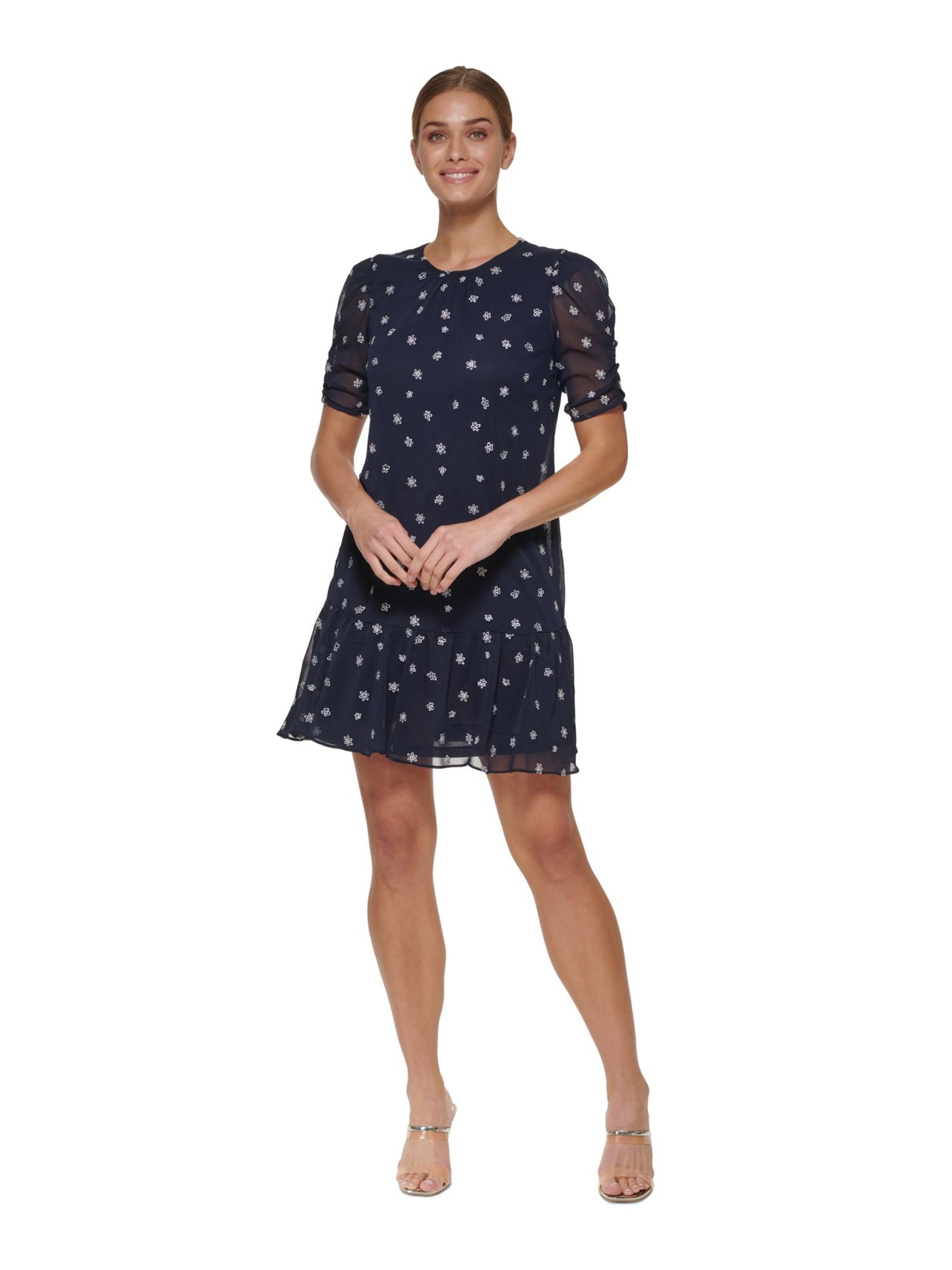 DKNY Womens Navy Gathered Keyhole Back Lined Elbow Sleeve Crew Neck Short Wear To Work Fit + Flare Dress 4