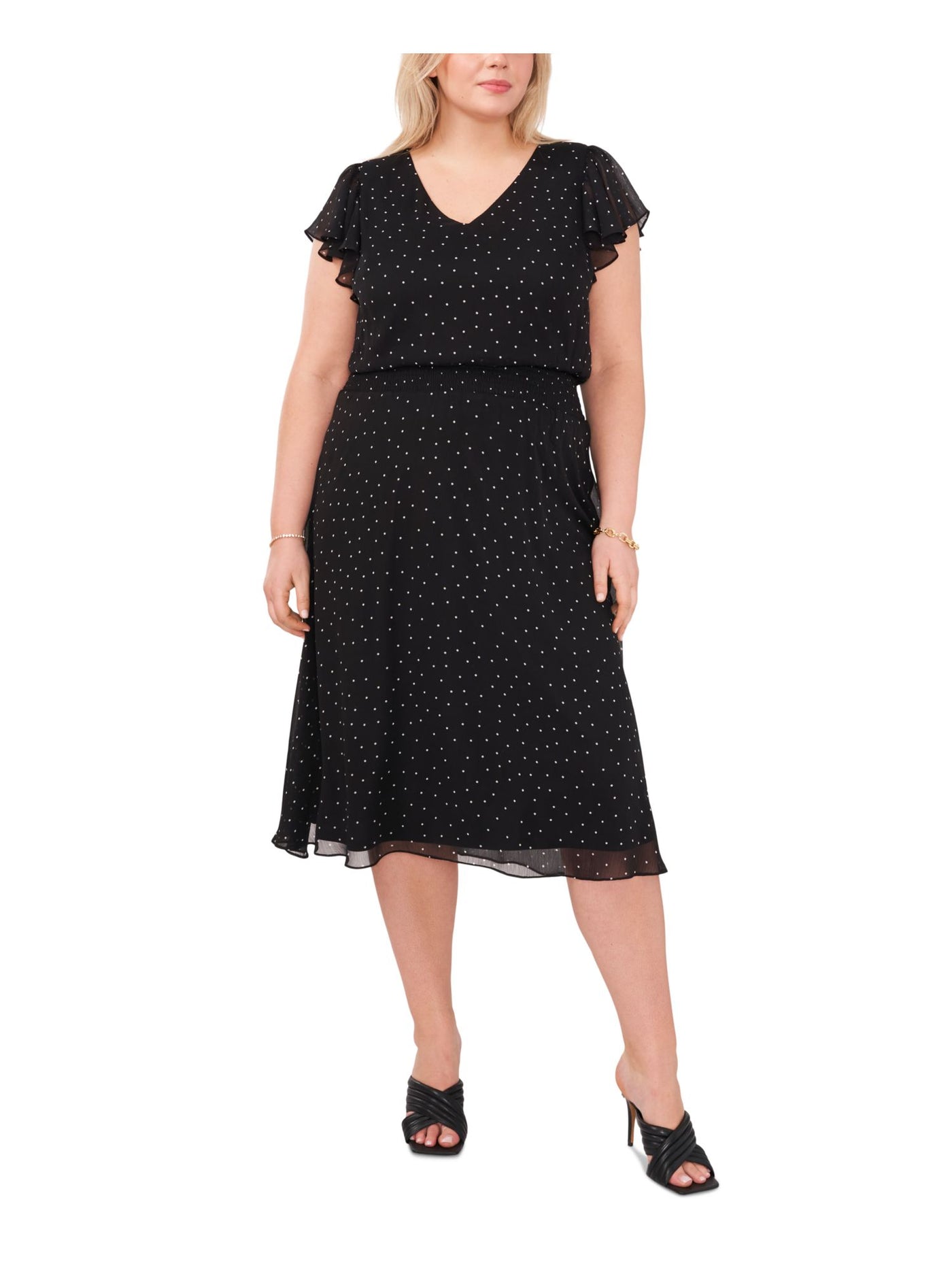 MSK WOMEN Womens Black Smocked Lined Pullover Polka Dot Flutter Sleeve V Neck Knee Length Fit + Flare Dress Plus 3X