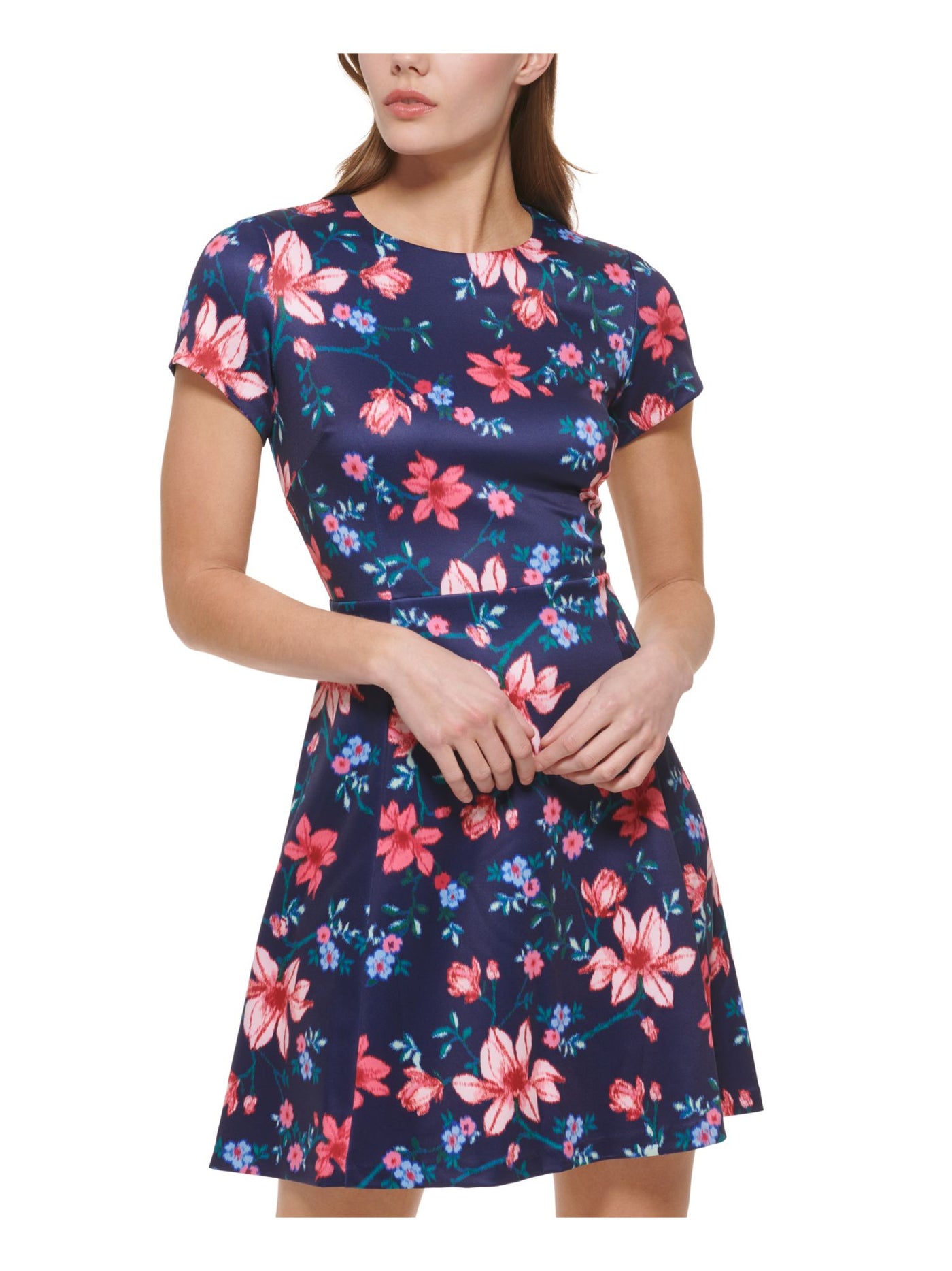 VINCE CAMUTO Womens Navy Zippered Pocketed Floral Short Sleeve Round Neck Short Wear To Work Fit + Flare Dress 8