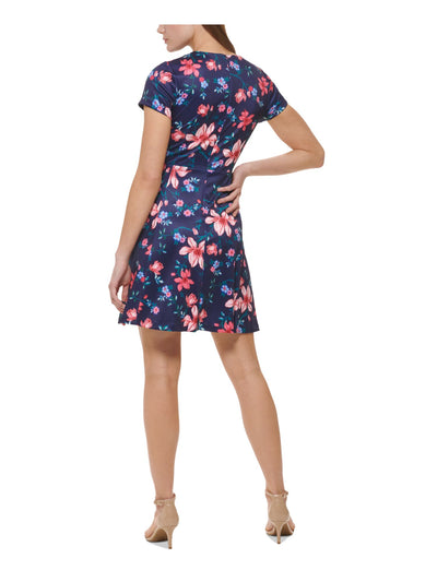 VINCE CAMUTO Womens Navy Zippered Pocketed Floral Short Sleeve Round Neck Short Wear To Work Fit + Flare Dress 8