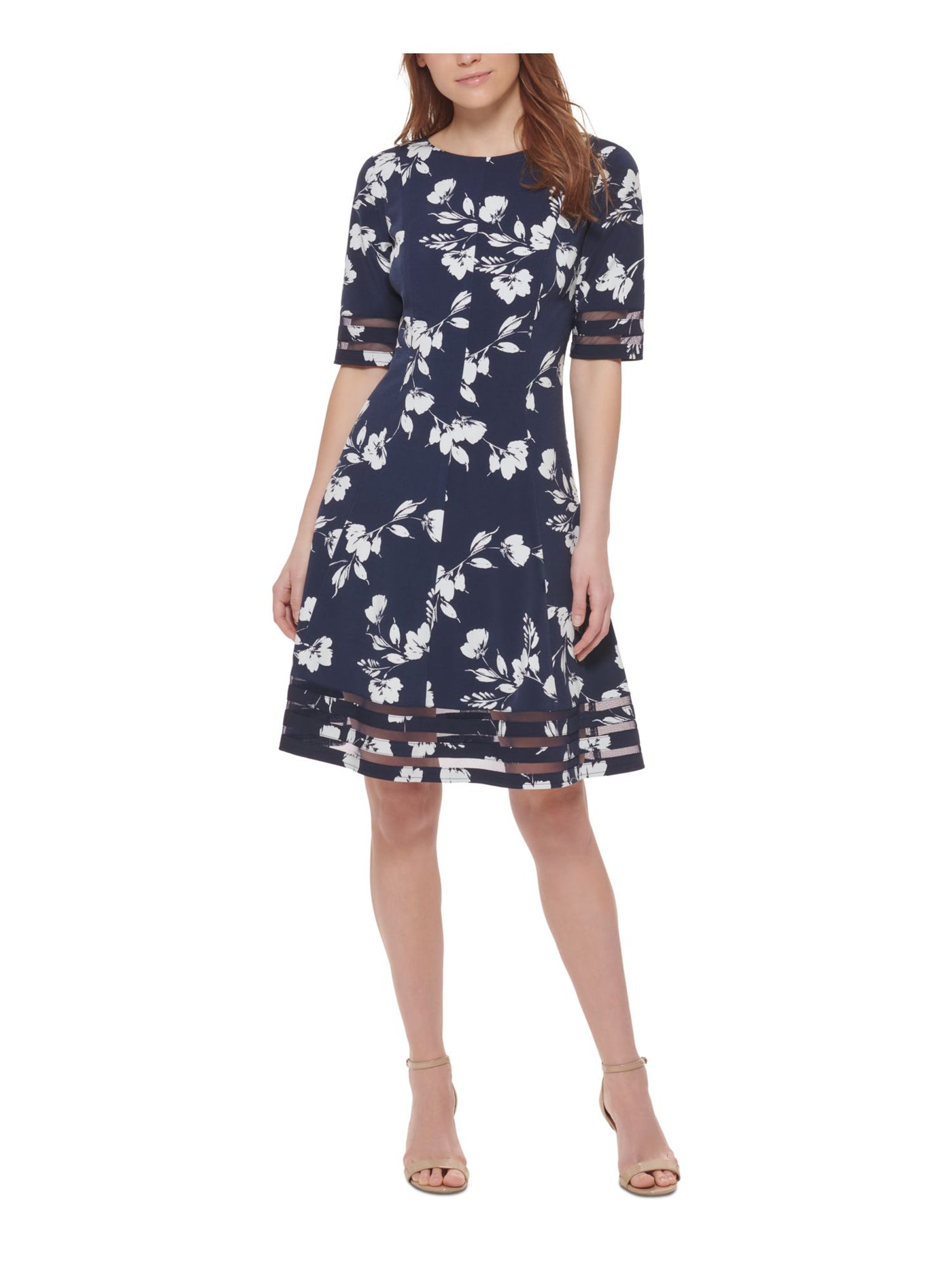 JESSICA HOWARD Womens Navy Zippered Mesh Insets Lined Floral Elbow Sleeve Round Neck Above The Knee Wear To Work Fit + Flare Dress Petites 8P