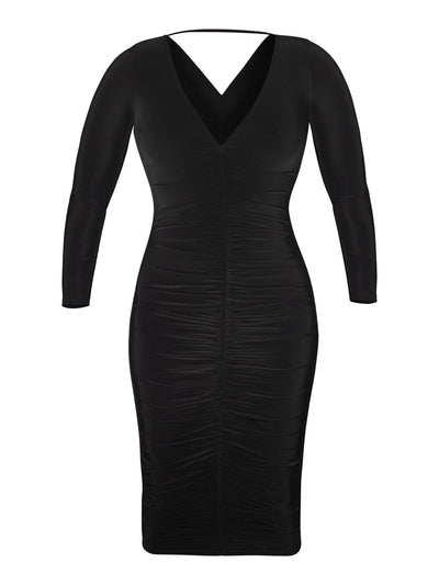 RACHEL RACHEL ROY Womens Black Stretch Ruched 3/4 Sleeve V Neck Midi Wear To Work Sheath Dress Plus 1X