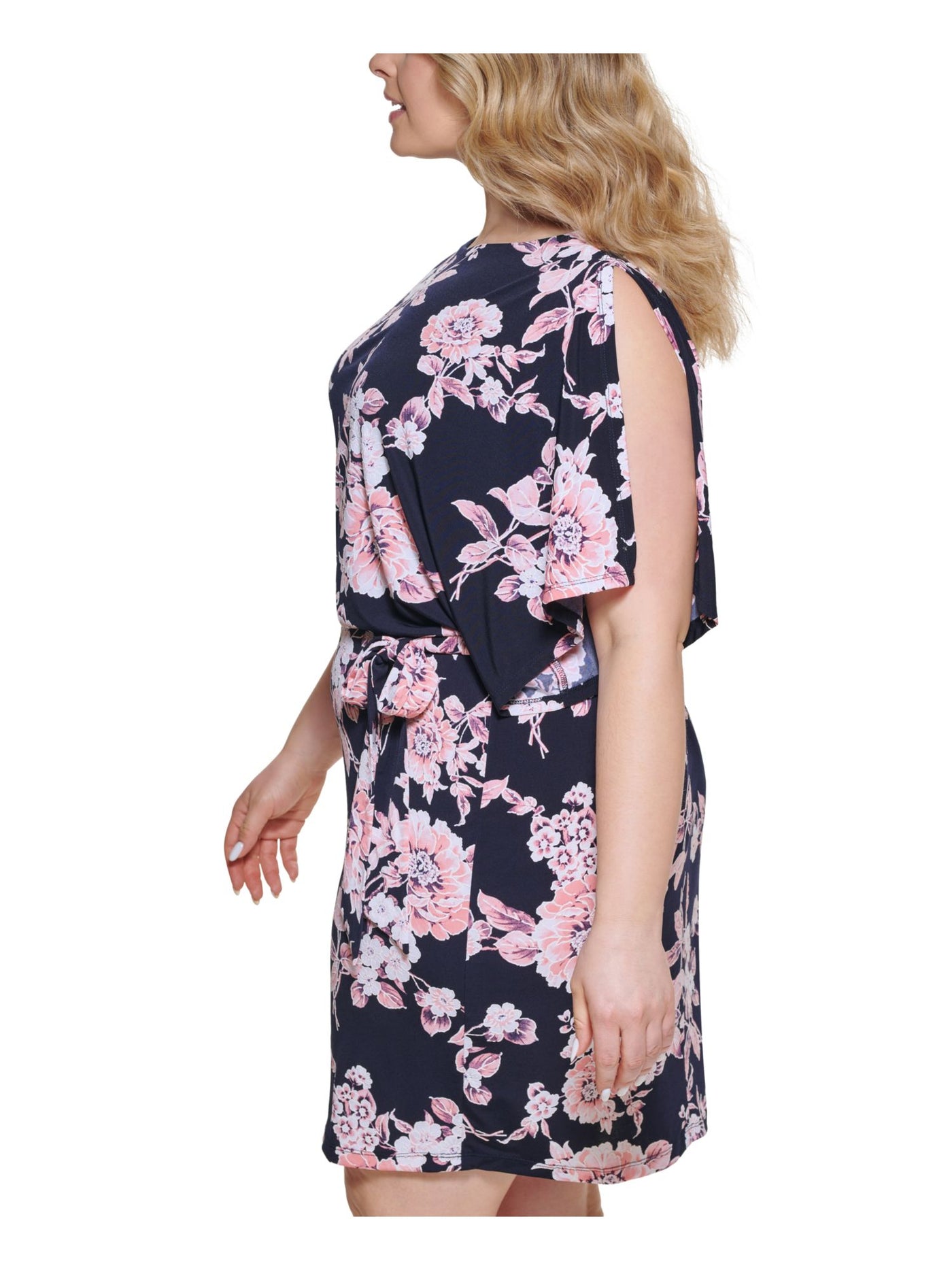 JESSICA HOWARD Womens Navy Textured Belted Split Sleeves And Back Floral Boat Neck Short Blouson Dress Plus 24W