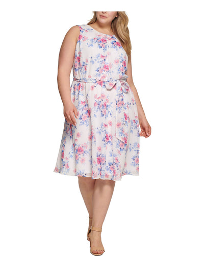 JESSICA HOWARD Womens White Zippered Pleated Tie Belt Lined Floral Sleeveless Round Neck Below The Knee Fit + Flare Dress Plus 16W