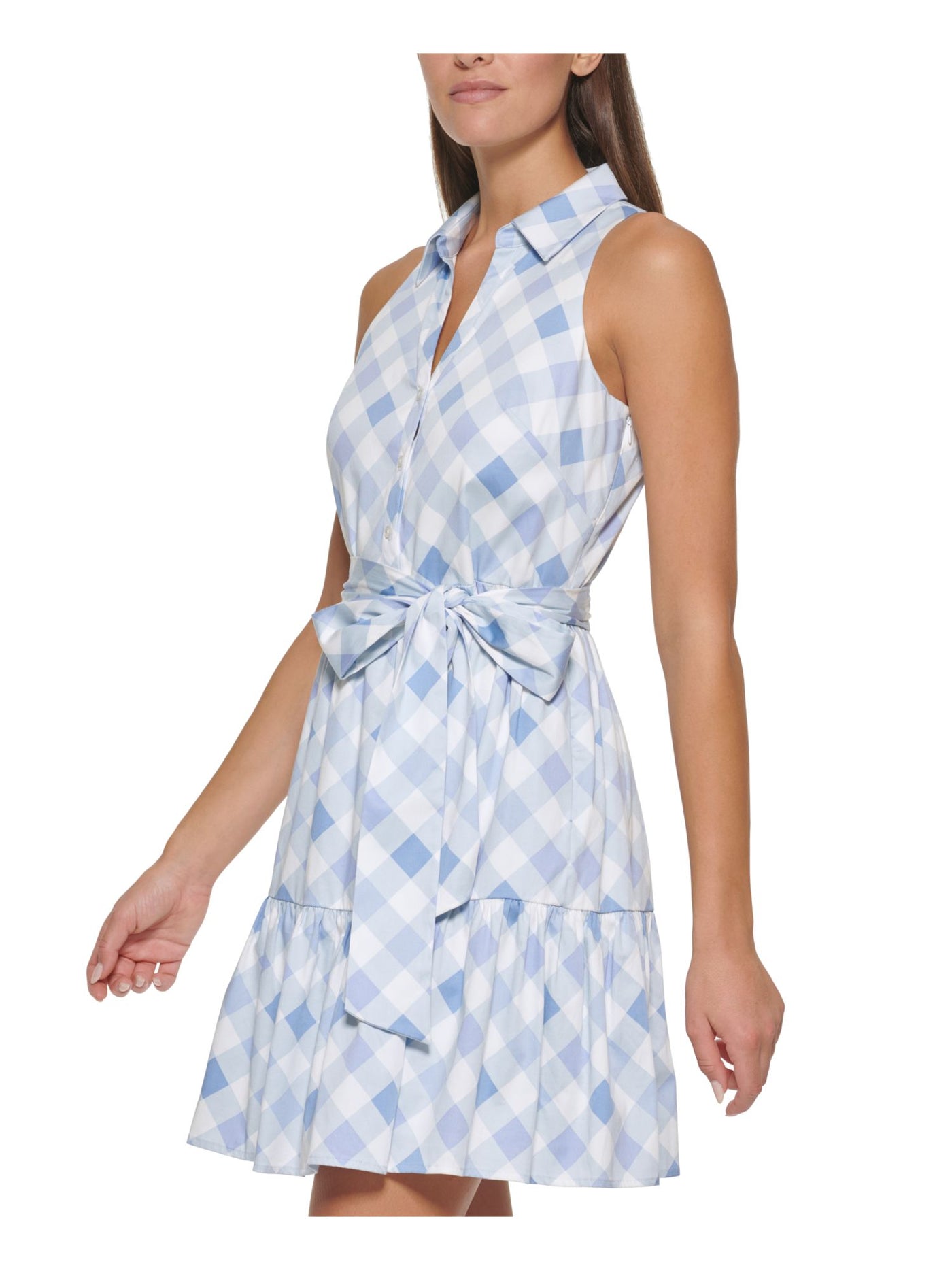 TOMMY HILFIGER Womens Light Blue Zippered Tie Front Button Closure Gingham Sleeveless Collared Above The Knee Fit + Flare Dress 12