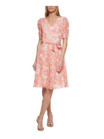 TOMMY HILFIGER Womens Coral Lined Floral Elbow Sleeve V Neck Knee Length Party Fit + Flare Dress 6
