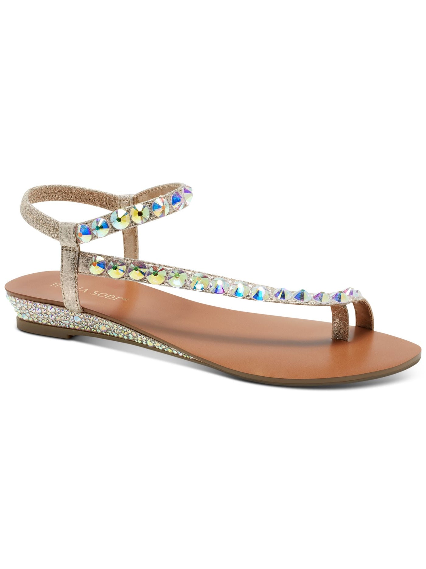 THALIA SODI Womens Gold Goring Ankle Strap Rhinestone Metallic Izabel Almond Toe Wedge Slip On Dress Thong Sandals Shoes 7.5 M
