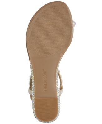 THALIA SODI Womens Gold Goring Ankle Strap Rhinestone Metallic Izabel Almond Toe Wedge Slip On Dress Thong Sandals Shoes M