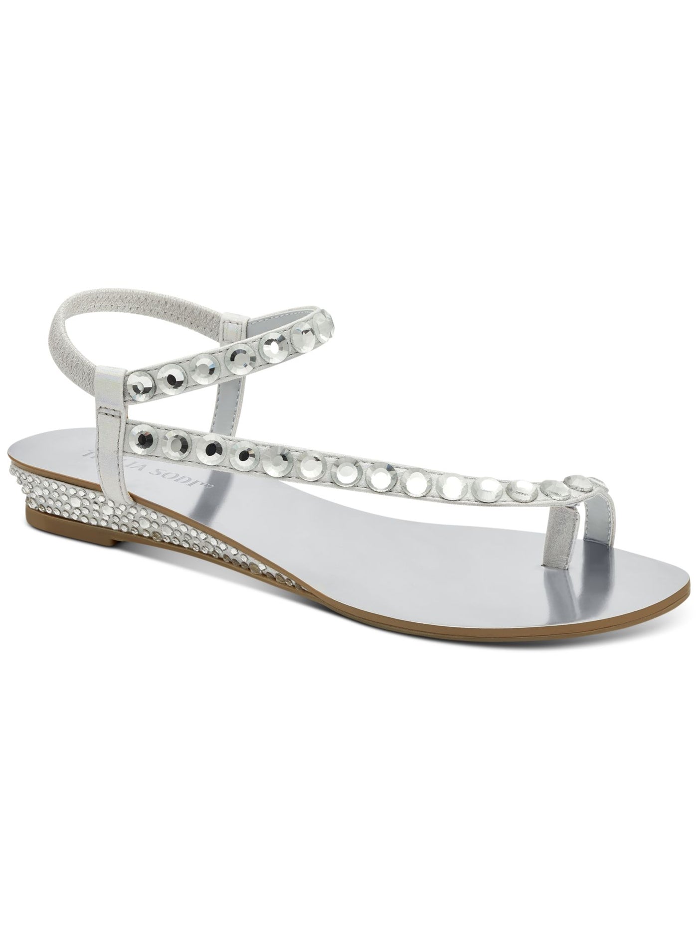 THALIA SODI Womens Silver Ankle Strap Embellished Izabel Round Toe Wedge Slip On Sandals Shoes 5 M