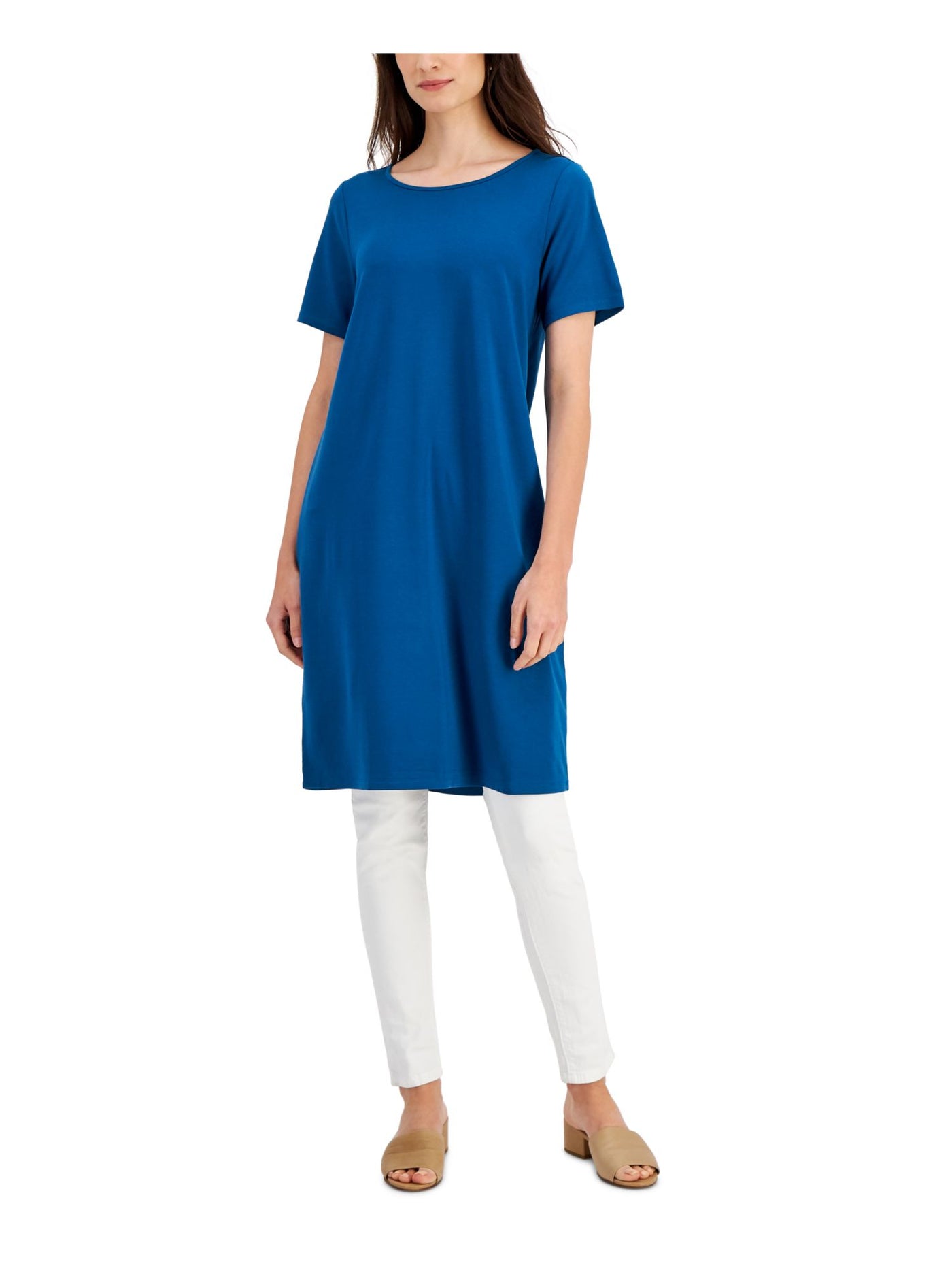 EILEEN FISHER Womens Blue Short Sleeve Jewel Neck Knee Length T-Shirt Dress XS\TP