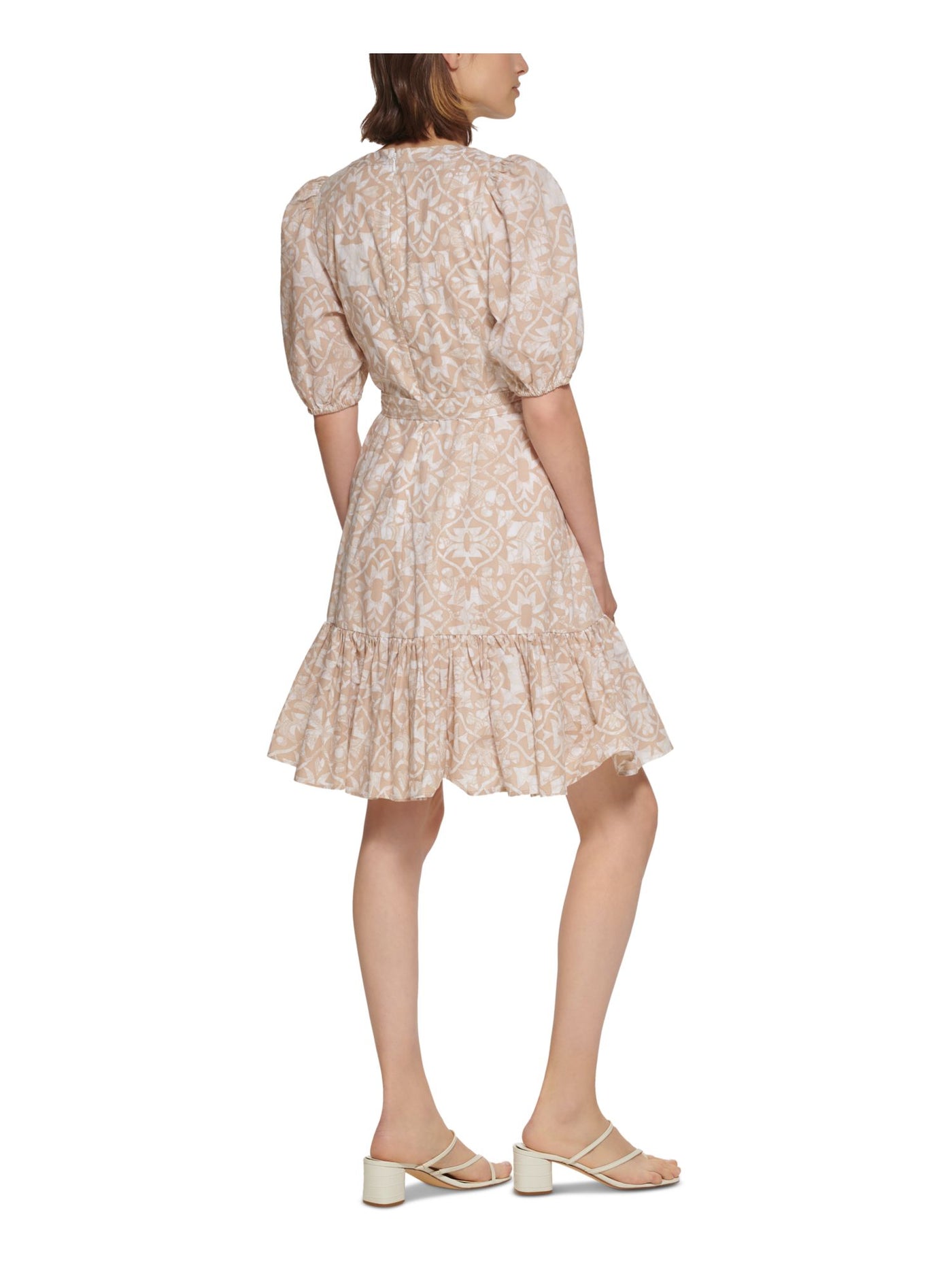 CALVIN KLEIN Womens Beige Zippered Pocketed Tie Belt Lined Printed Pouf Sleeve Split Above The Knee Fit + Flare Dress 14