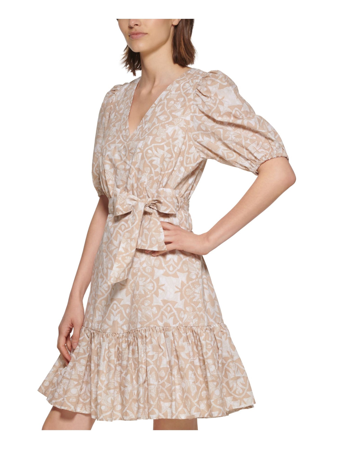 CALVIN KLEIN Womens Beige Zippered Pocketed Tie Belt Lined Printed Pouf Sleeve Split Above The Knee Fit + Flare Dress 8
