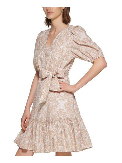 CALVIN KLEIN Womens Beige Zippered Pocketed Tie Belt Lined Printed Pouf Sleeve Split Above The Knee Fit + Flare Dress 8