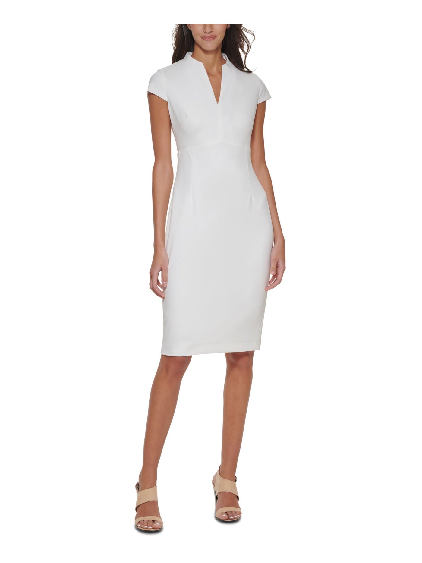 CALVIN KLEIN Womens White Zippered Lined Cap Sleeve Split Knee Length Party Sheath Dress 6
