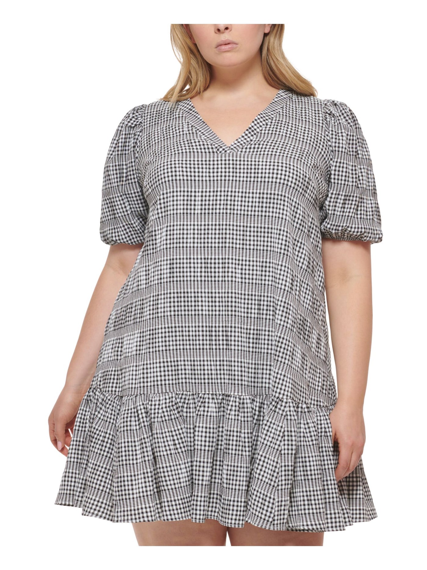 CALVIN KLEIN Womens White Unlined Ruffled Pullover Darted Check Pouf Sleeve V Neck Above The Knee Fit + Flare Dress Plus 20W