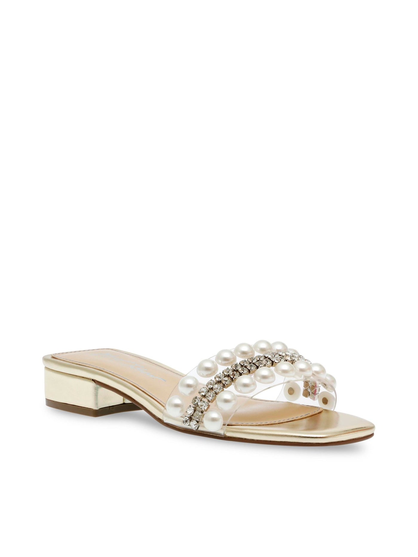 BETSEY JOHNSON Womens Gold Embellished Madge Square Toe Block Heel Slip On Dress Slide Sandals Shoes 5 M