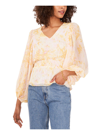VINCE CAMUTO Womens Yellow Smocked Elastic Cuffs Lined Printed Balloon Sleeve V Neck Top M