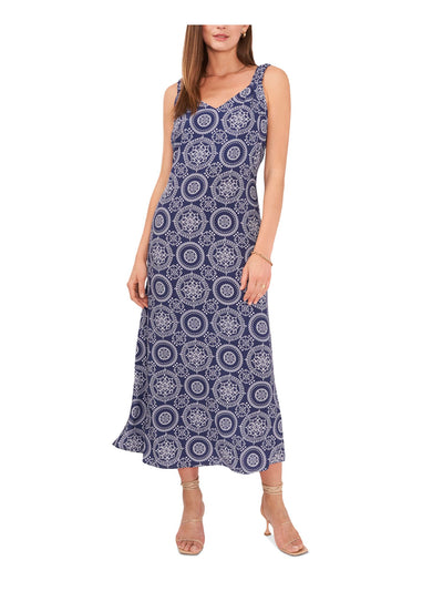VINCE CAMUTO Womens Navy Unlined Slitted Pullover Printed Sleeveless V Neck Midi Shift Dress XS