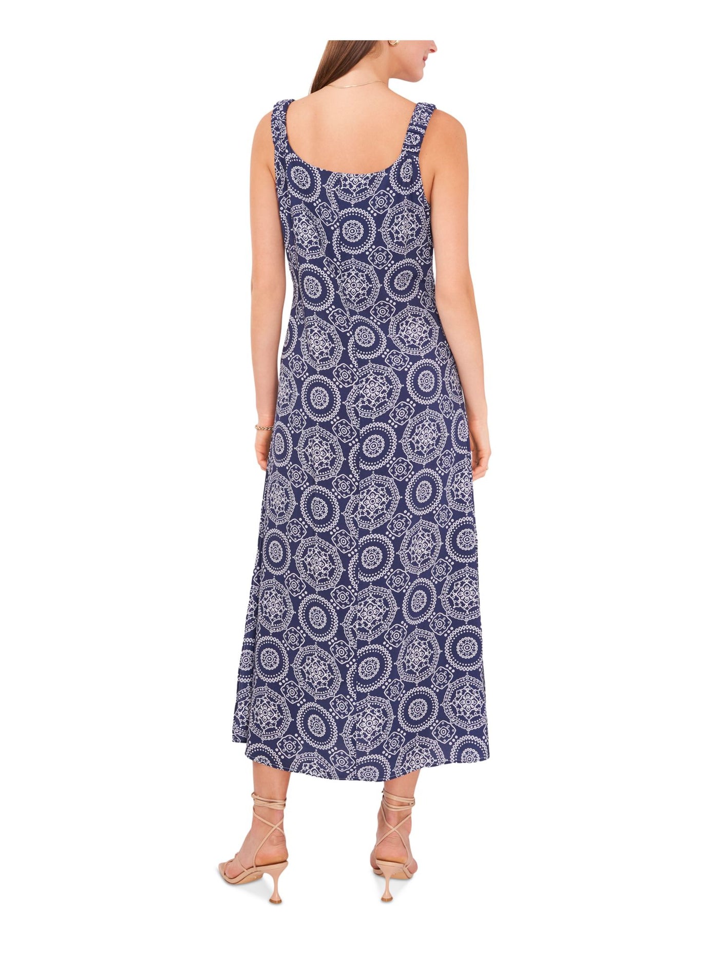 VINCE CAMUTO Womens Navy Unlined Slitted Pullover Printed Sleeveless V Neck Midi Shift Dress XS