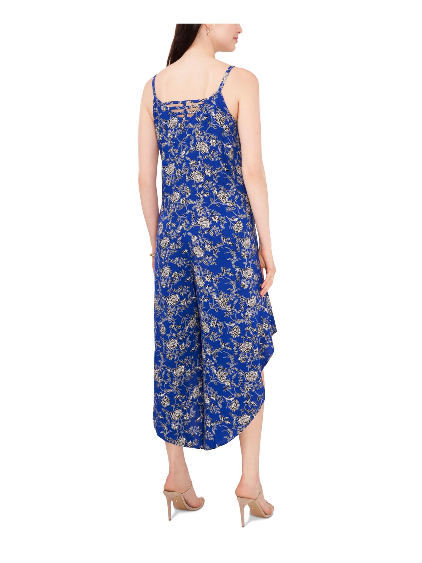 MSK Womens Blue Zippered Asymmetrical Hem Floral Spaghetti Strap V Neck Cropped Jumpsuit S