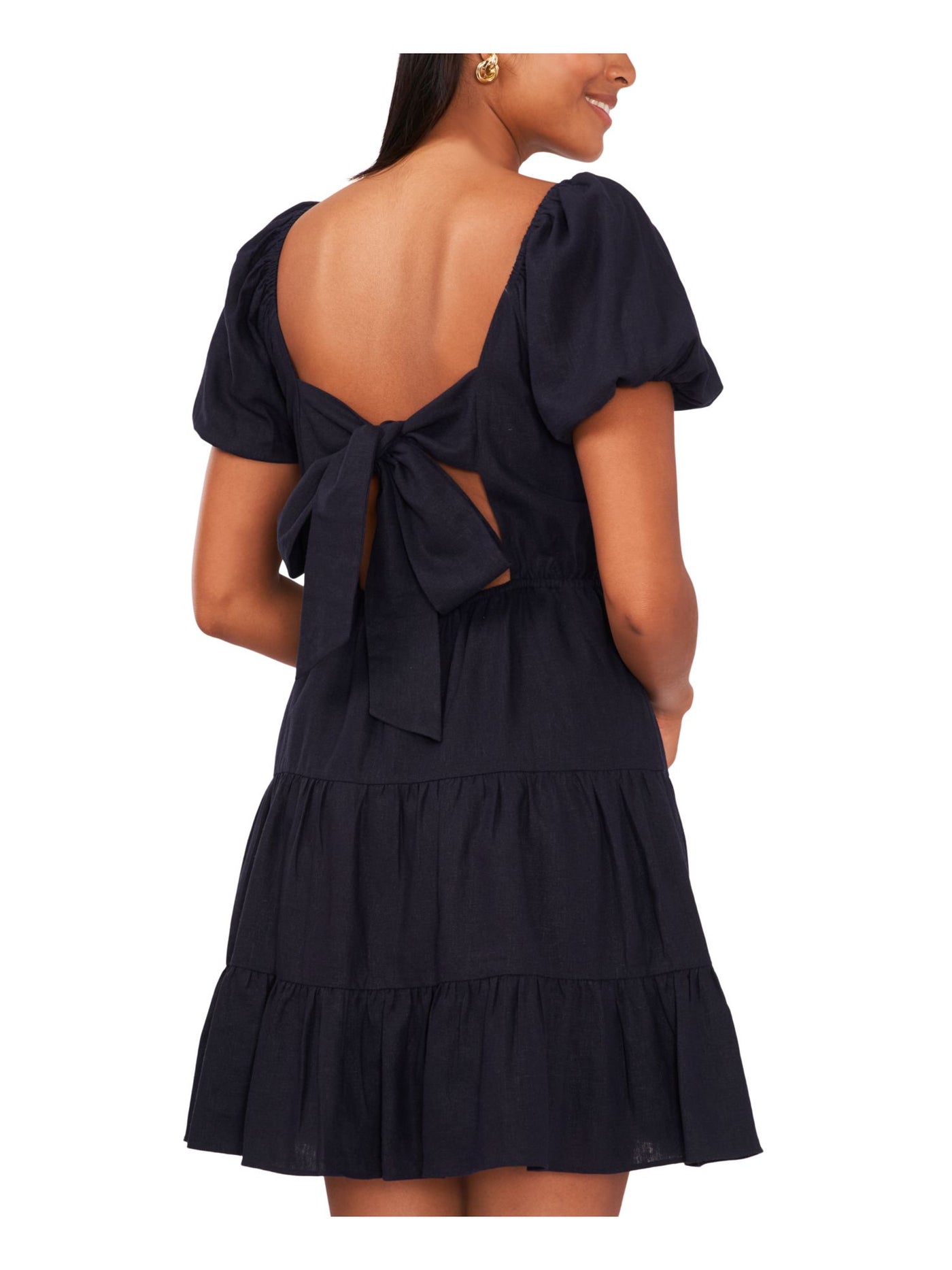 CECE Womens Navy Open Back Tie Tiered Skirt Pouf Sleeve Square Neck Short Party Fit + Flare Dress XL