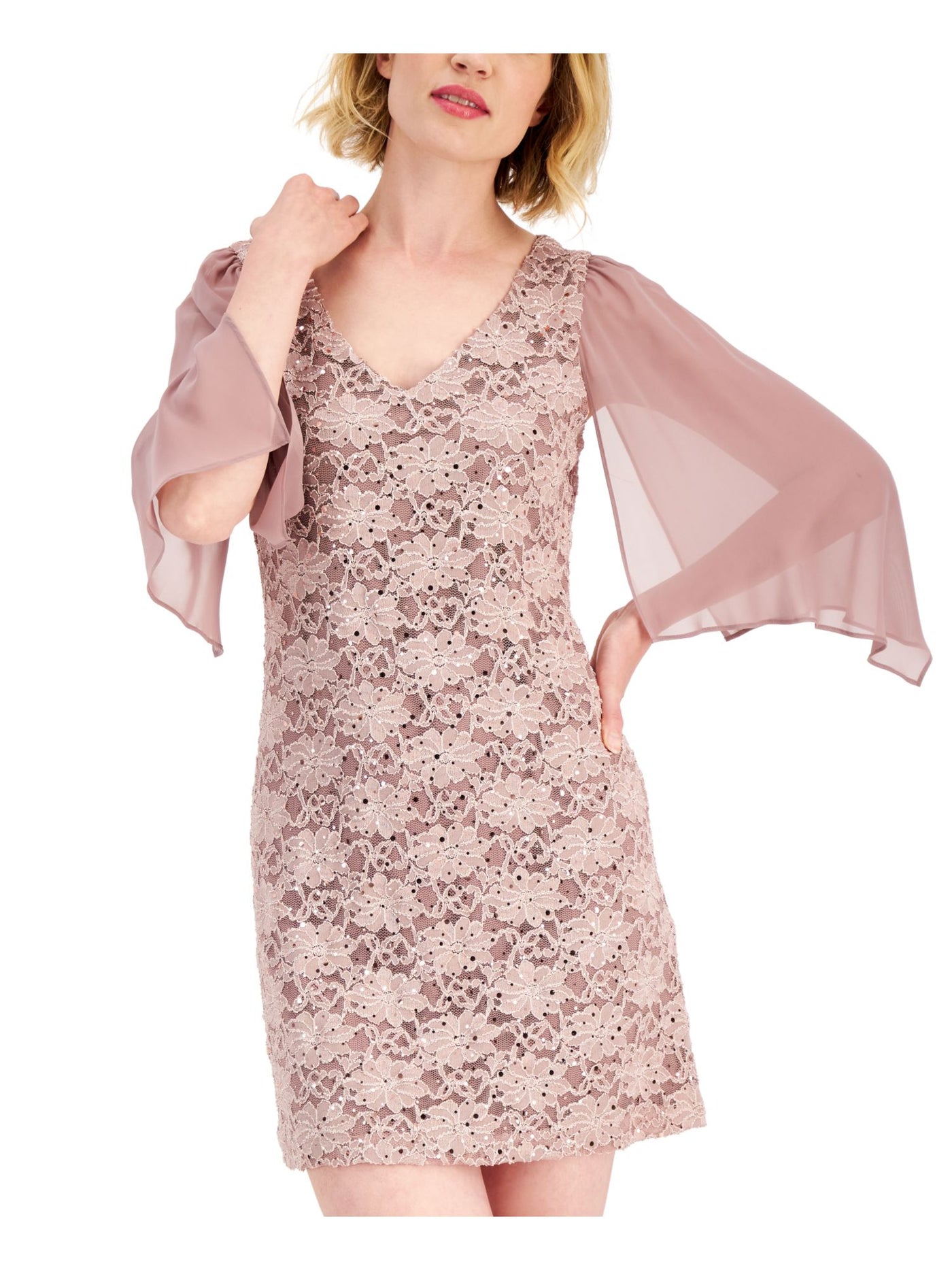CONNECTED APPAREL Womens Pink Lined 3/4-asymmetrical Chiffon Sleeves V Neck Short Party Sheath Dress 12