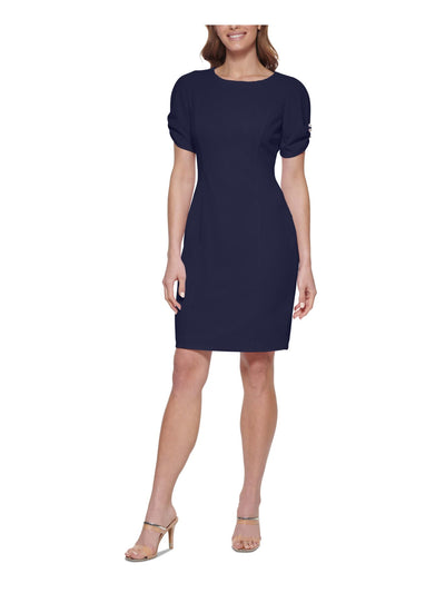 DKNY Womens Navy Zippered Ruched Pearl Stud Cuffs Lined Pouf Sleeve Round Neck Above The Knee Wear To Work Sheath Dress 8