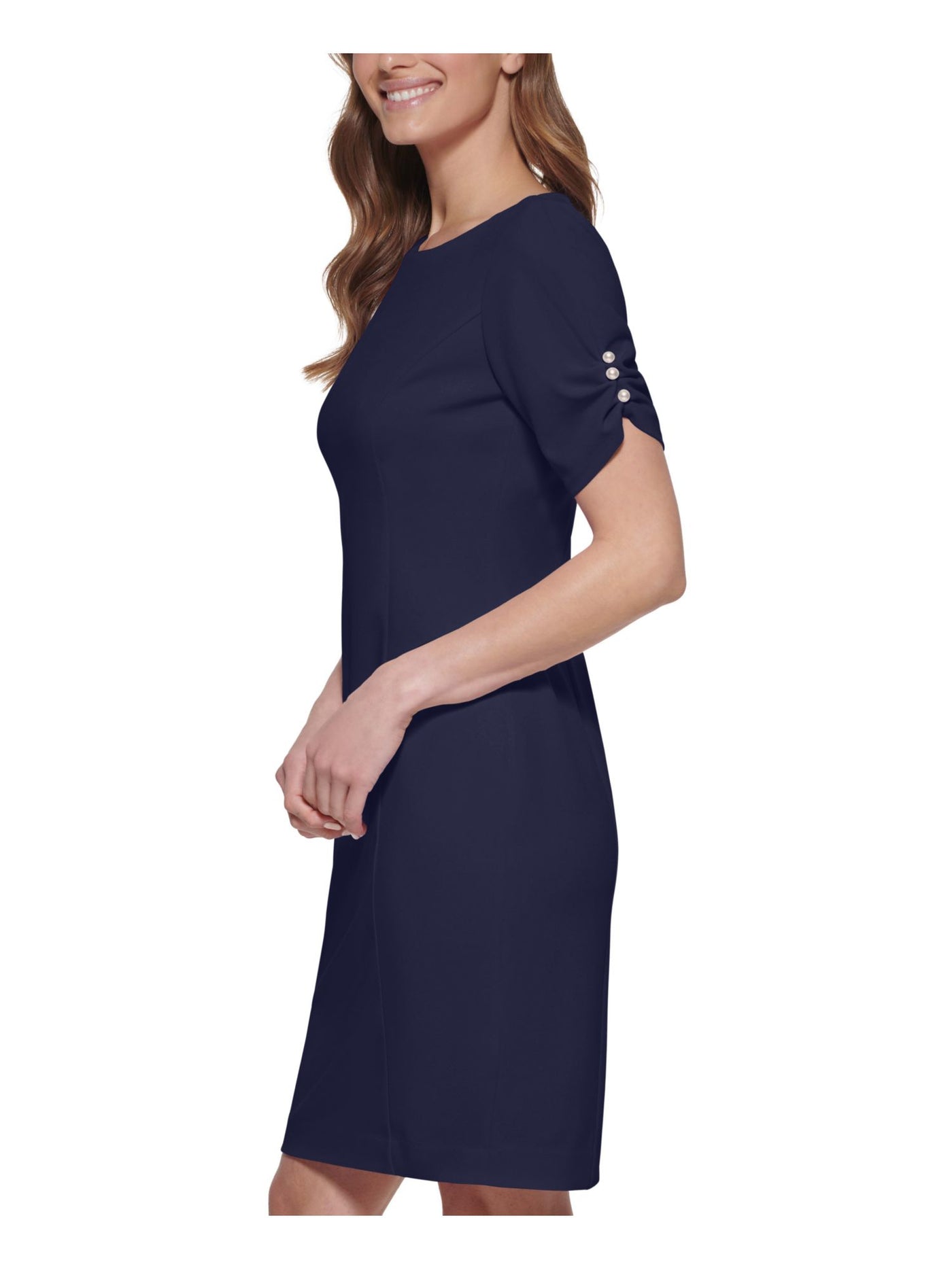 DKNY Womens Navy Zippered Ruched Pearl Stud Cuffs Lined Pouf Sleeve Round Neck Above The Knee Wear To Work Sheath Dress 8