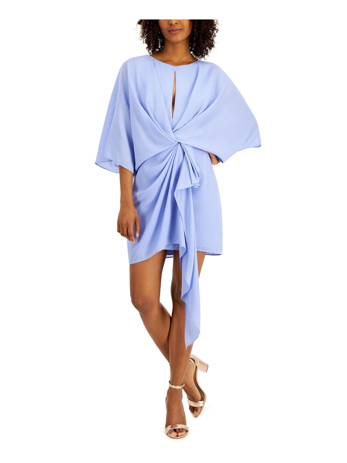 AIDAN AIDAN MATTOX Womens Light Blue Zippered Draped Twist Front L Flutter Sleeve Crew Neck Above The Knee Cocktail Sheath Dress 4