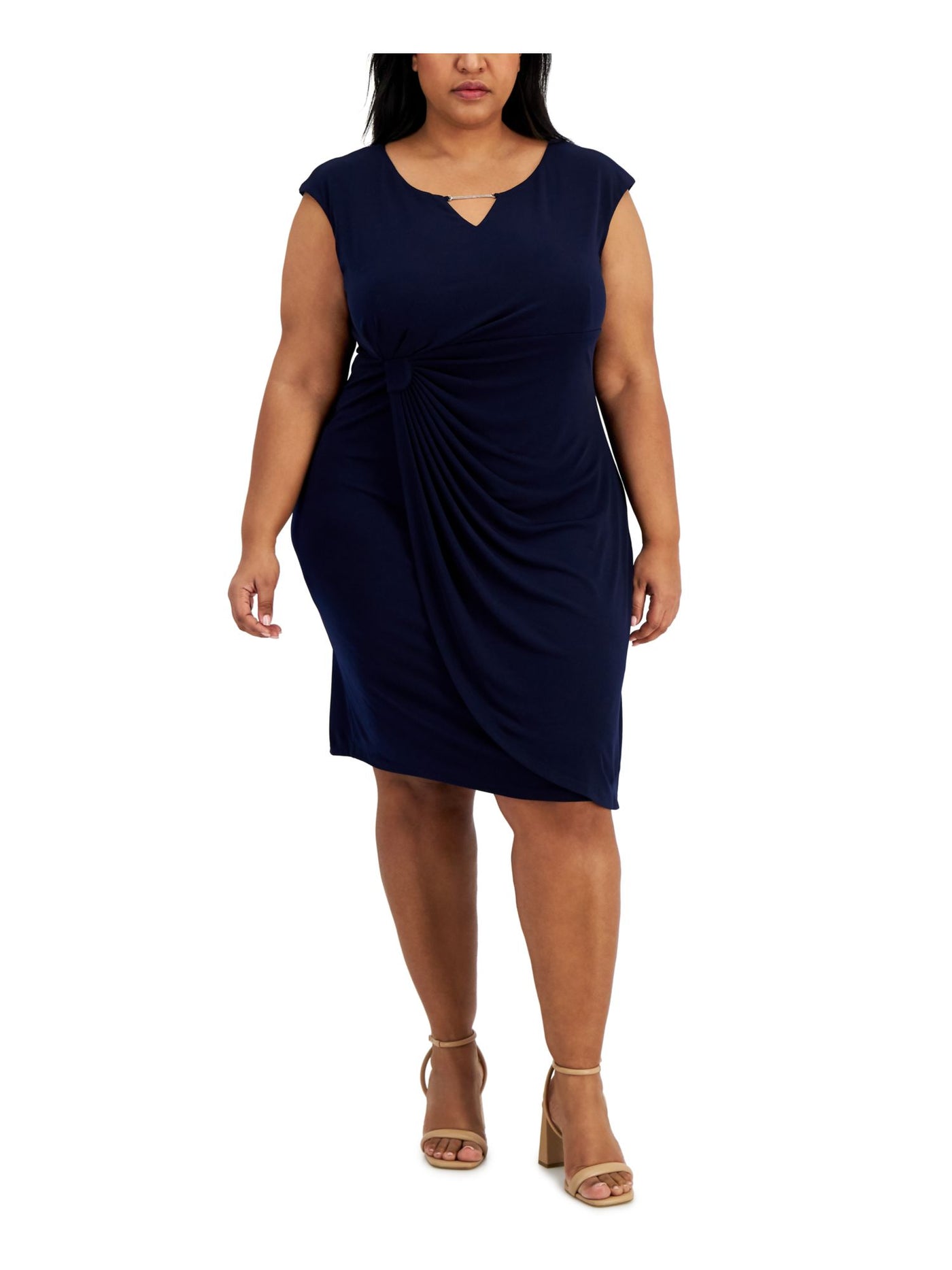 CONNECTED APPAREL Womens Navy Pleated Side Tab Detail Pullover Cap Sleeve Round Neck Below The Knee Sheath Dress Plus 24W