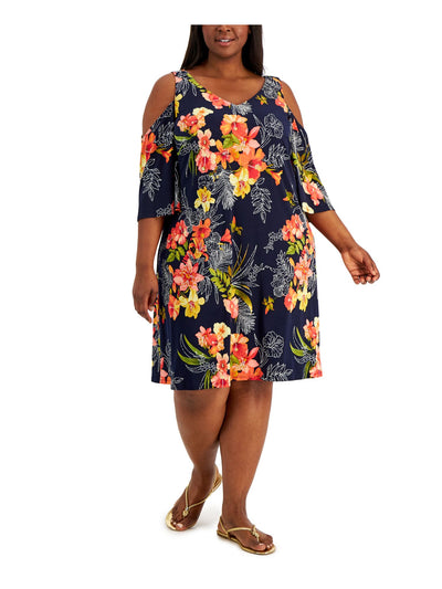 CONNECTED APPAREL Womens Navy Cold Shoulder Pullover Unlined Floral 3/4 Sleeve V Neck Knee Length Fit + Flare Dress Plus 14W