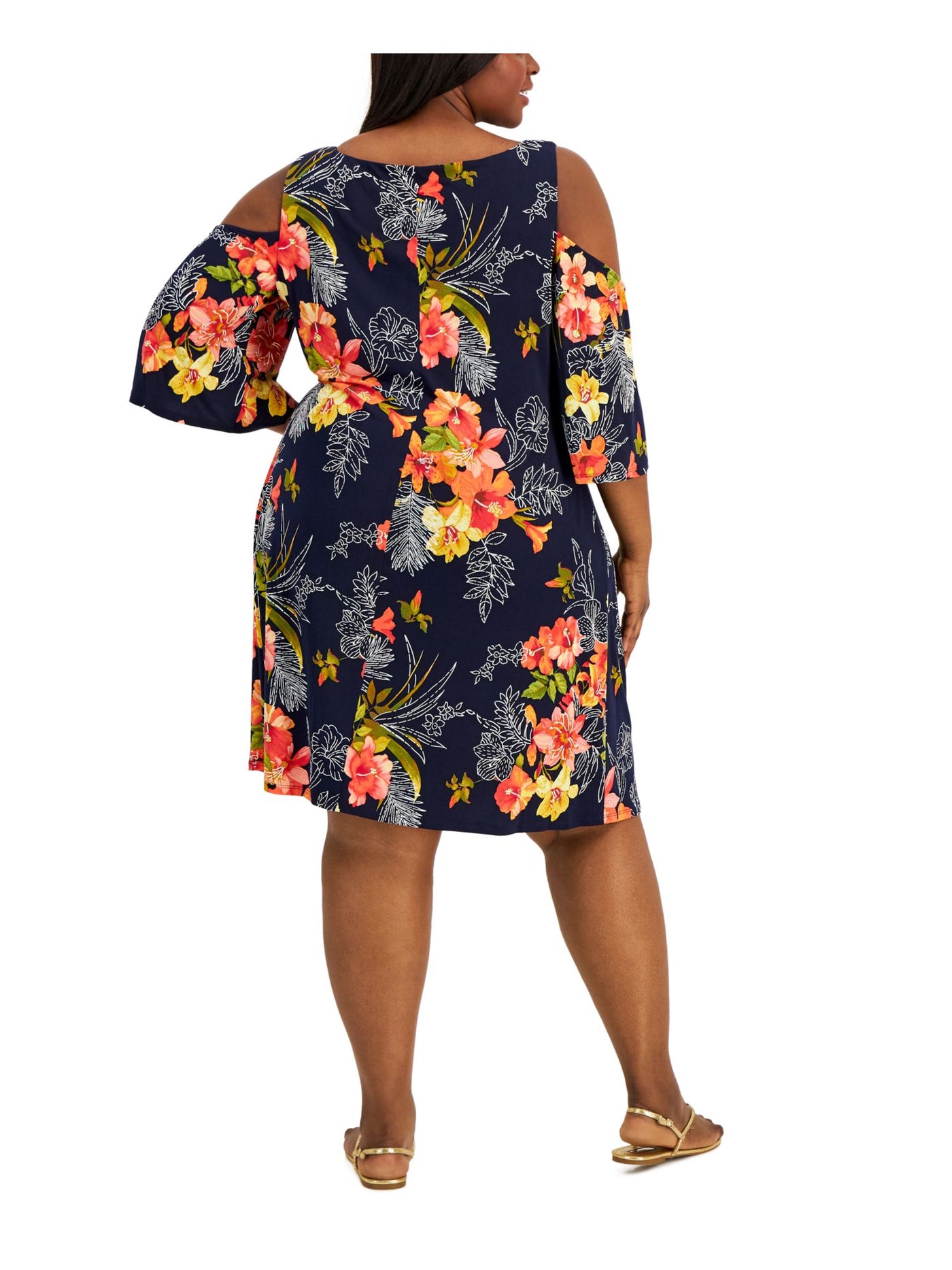 CONNECTED APPAREL Womens Navy Cold Shoulder Pullover Unlined Floral 3/4 Sleeve V Neck Knee Length Fit + Flare Dress Plus 18W