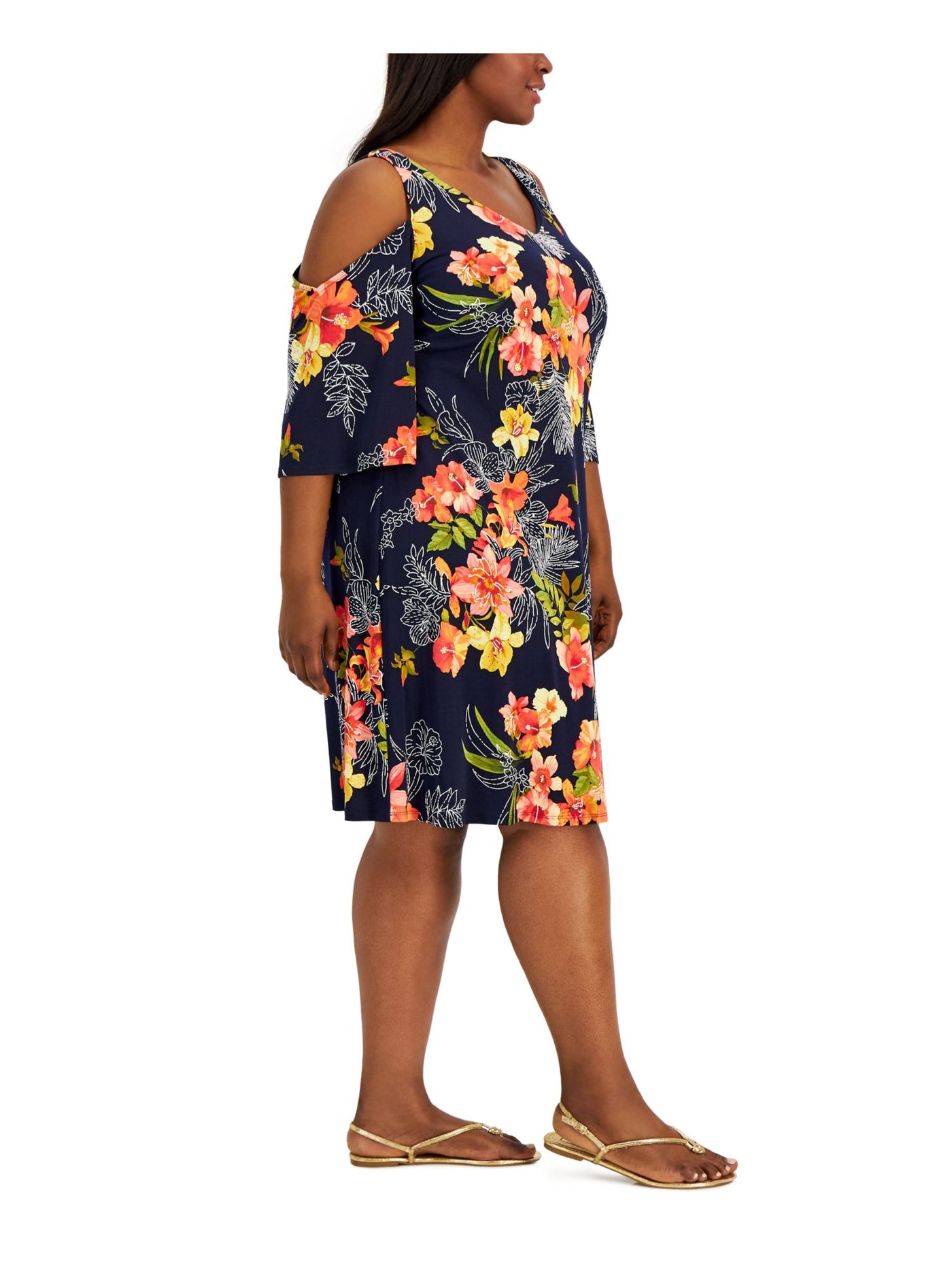 CONNECTED APPAREL Womens Navy Cold Shoulder Pullover Unlined Floral 3/4 Sleeve V Neck Knee Length Fit + Flare Dress Plus 14W