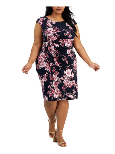 CONNECTED APPAREL Womens Purple Floral Cap Sleeve Round Neck Knee Length Wear To Work Sheath Dress Plus 22W