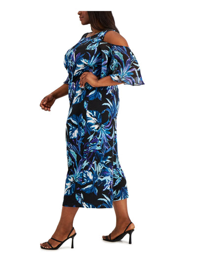 CONNECTED APPAREL Womens Black Cold Shoulder Zippered Floral 3/4 Sleeve Round Neck Wide Leg Jumpsuit Plus 16W
