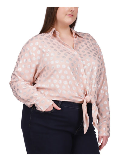 MICHAEL MICHAEL KORS Womens Pink Textured Tie Front Hem Long Sleeve Point Collar Button Up Top Plus 1X