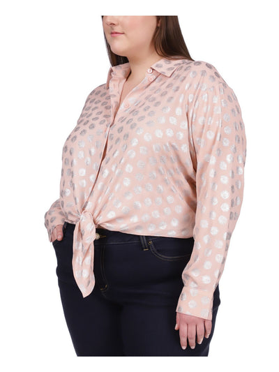 MICHAEL MICHAEL KORS Womens Pink Textured Tie Front Hem Long Sleeve Point Collar Button Up Top Plus 1X