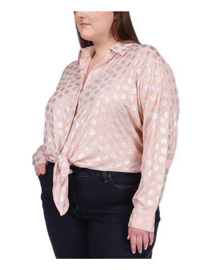 MICHAEL KORS Womens Pink Textured Tie Front Hem Long Sleeve Point Collar Button Up Top Plus 1X