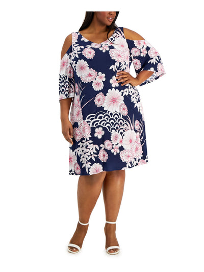 CONNECTED APPAREL Womens Navy Cold Shoulder Floral 3/4 Sleeve Jewel Neck Knee Length Wear To Work Shift Dress Plus 18W
