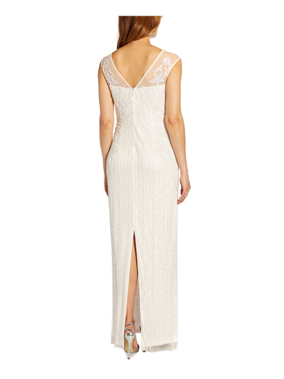 ADRIANNA PAPELL Womens Ivory Embellished Zippered Slit Back Hem Lined Cap Sleeve Illusion Neckline Full-Length Formal Gown Dress 6